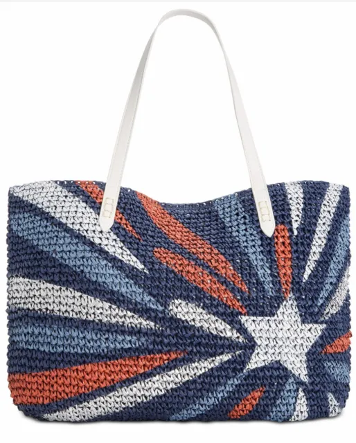 INC Tropical Straw Tote Extra Large Beach Shoulder Bag Blue White Star Red $39
