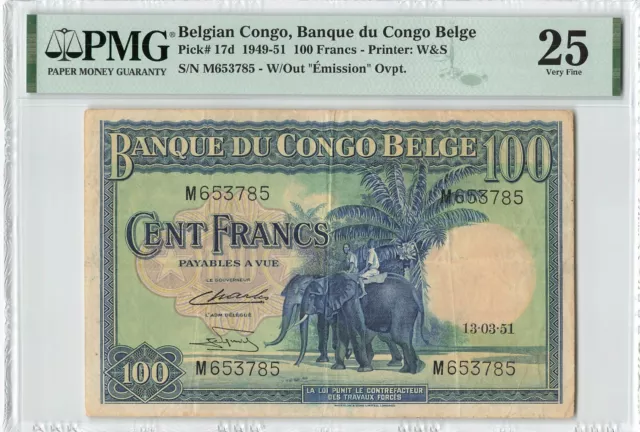 BELGIAN CONGO 100 Francs 1951, P-17d, PMG 25 Original VF, Beautiful W&S Banknote