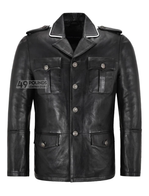 Men's Real Leather Coat German Classic WW2 Top Studded Long Jacket Pea Coat 4851