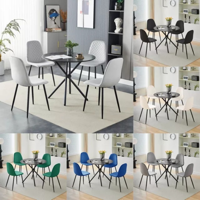 Black Colour Wooden Round Dining Table and 4 Chairs Set Home Kitchen Velvet