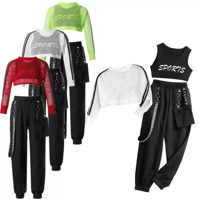 Kids Girls Top+Vest+Pants Sets Running Sports Set Mesh Tracksuit Active Dance