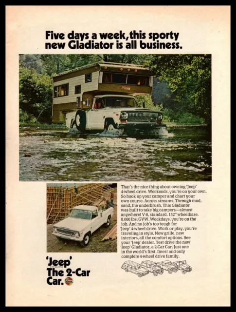 1970 Jeep Gladiator V-8 4-Wheel Drive Truck Camper "The 2-Car Car" Print Ad