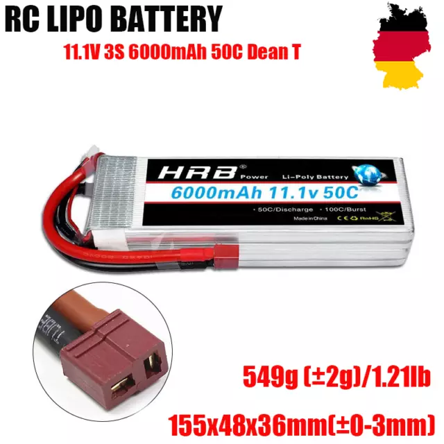 HRB 3S 11,1V LiPo Batterie 6000mAh Dean T 50C for RC Flugzeug Auto Drohne Akku