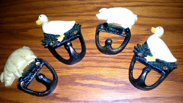 Set of 4 Vintage Cast Iron Farmhouse/Country Duck & Pig Coat Hooks