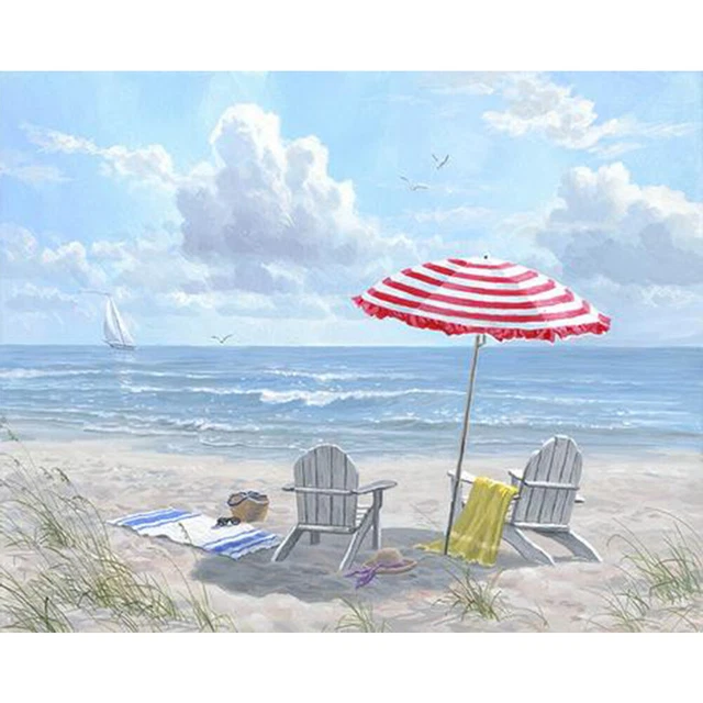 Kit de imágenes pintadas a mano de pintura al óleo sin marco de paisajes de playa por números HY