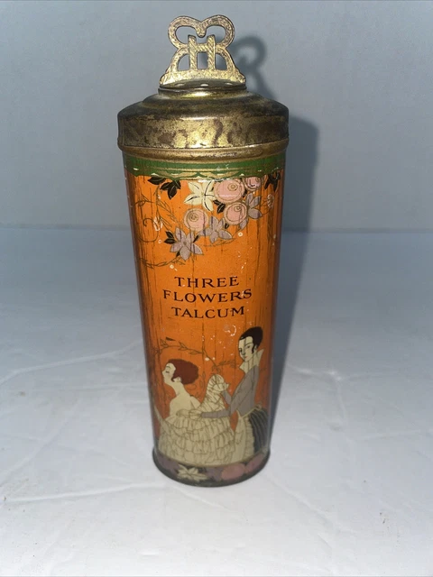 Antique Three Flowers Tin Litho Talc Talcum Bath Powder Can Richard Hudnut Ny