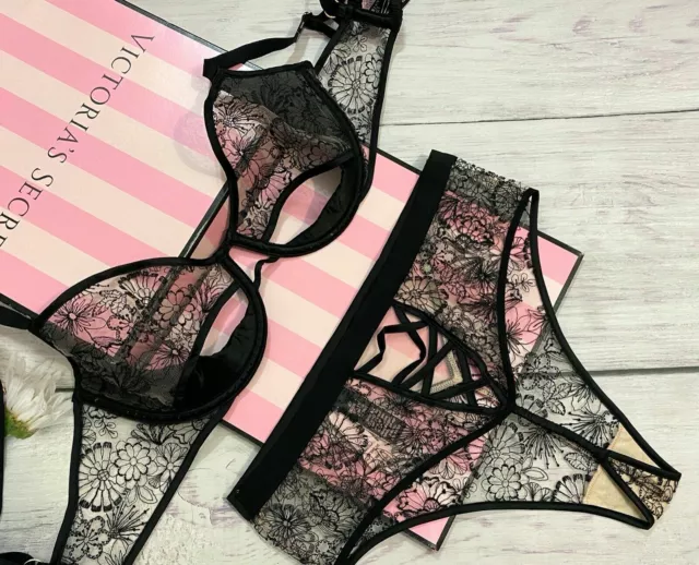 LUXE VICTORIA SECRET Floral Black Embroidered Peek A-Boo Push Up Bra Cheeky  Set $47.00 - PicClick