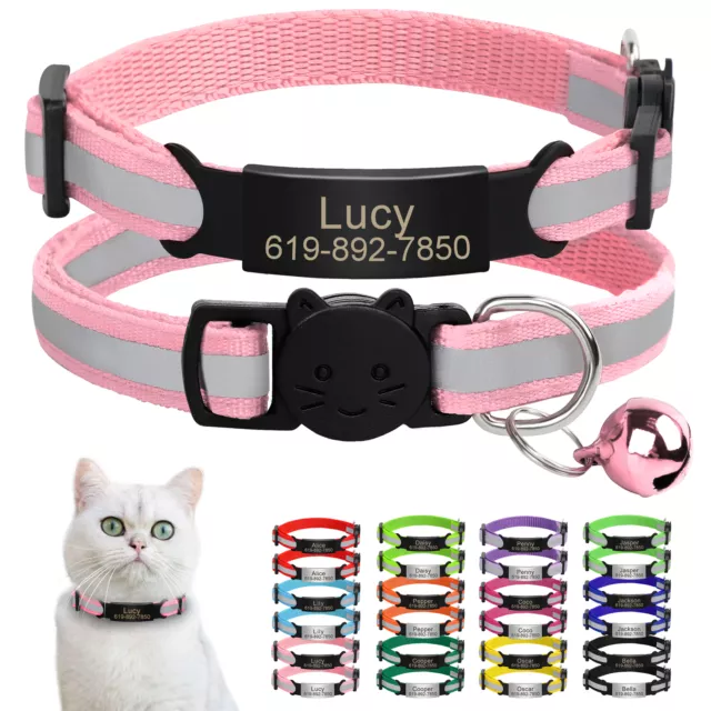 Personalised Reflective Breakaway Cat Kitten Collar & Pet Name ID Tag No Noise