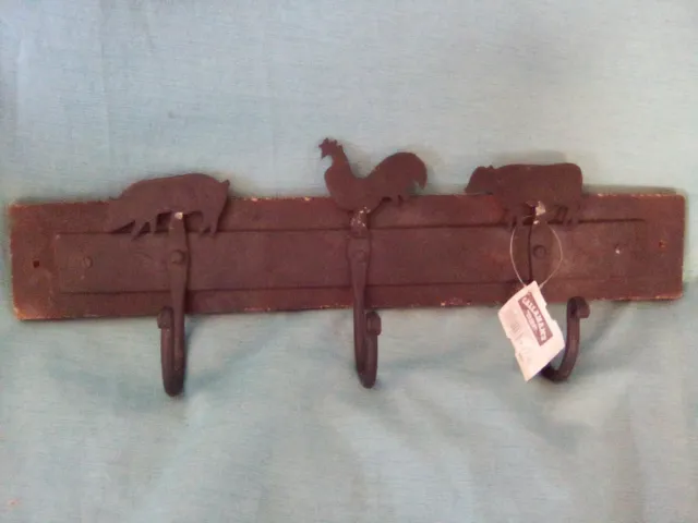 rustic farmhouse wall decor Coat Hat Cups Hooks Chicken Cow Pig Wood Cast Iron