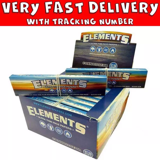 FULL BOX/ 24PK of ELEMENTS CONNOISSEUR KING SIZE SLIM W/TIPS RICE ROLLING  PAPERS