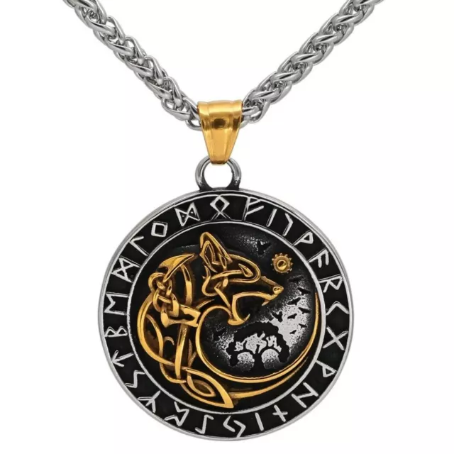 Viking Fenrir Necklace Gold Silver Stainless Steel Norse Rune Wolf Pendant