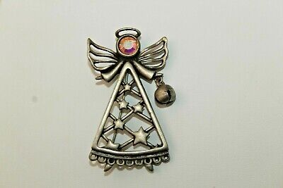 Gorgeous Vintage Silvertone ANGEL Pin with AB Rhinestone & Small Bell