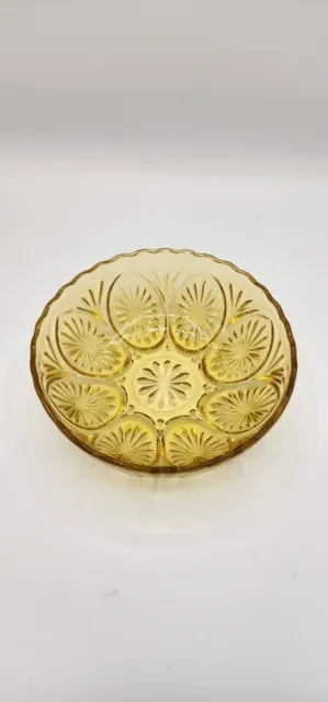 Vintage Indiana Glass Type 8" Bowl Amber Pressed Starburst Pattern Scalloped Rim