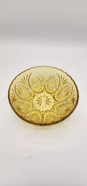 Vintage Indiana Glass Type 8" Bowl Amber Pressed Starburst Pattern Scalloped Rim