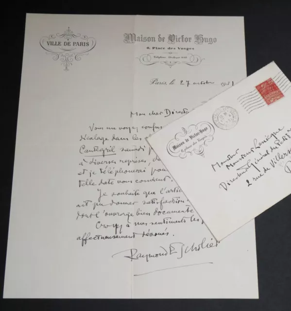 Raymond ESCHOLIER - LETTRE AUTOGRAPHE SIGNÉE - entête maison de Victor Hugo 1931