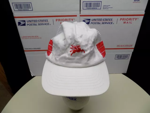 Vintage Mobil Oil Gas Pegasus 3 Stripe Trucker Hat White Red Cap Made in USA