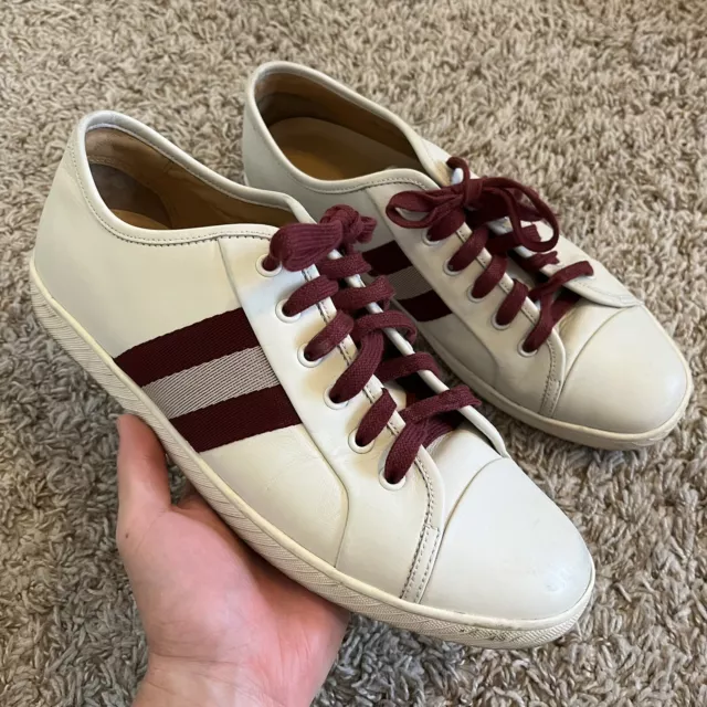 Bally Switzerland White Leather Cap Toe Striped Sneakers IANO/029 Size 10