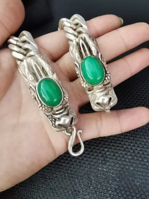 Chinese Old Tibetan silver handmade Dragon head Inlaid green jade bracelet