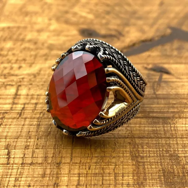 Men's Red Zircon Stone 925 Sterling Silver Ring Authentic Design Ottoman Turkish 3