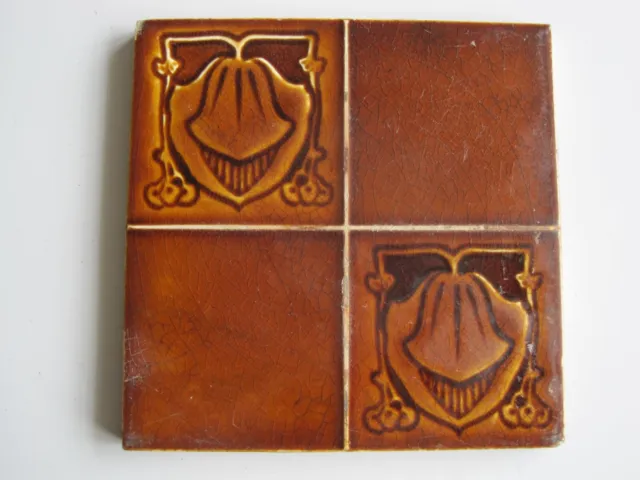 Antique 6" Art Nouveau Brown Majolica Quartered Tile - H. Richards -  C1902-09