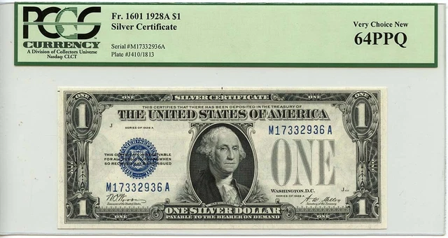 1928A $1 Silver Certificate Blue Woods Mellon Fr# 1601 PCGS CU 64 PPQ