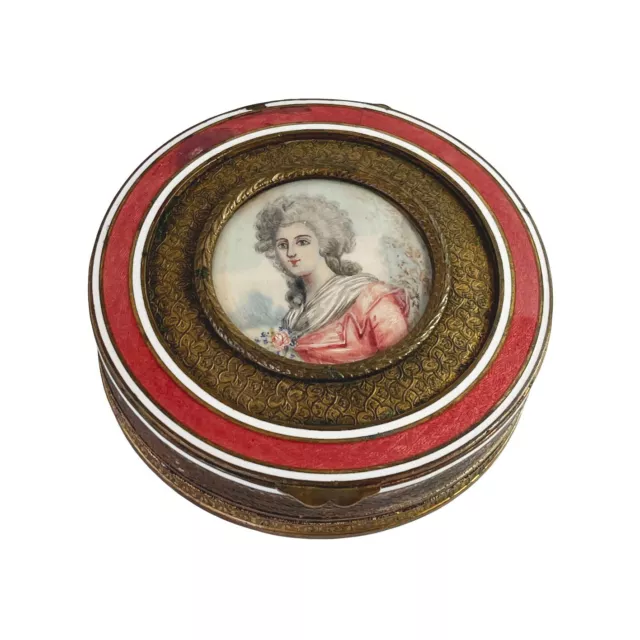 Antique French Hand Painted Portrait Red Enamel Brass Trinket Jewellery Box