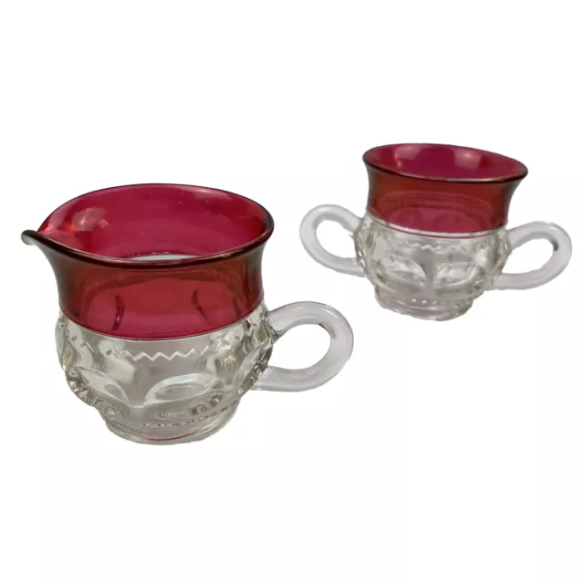 Indiana Glass Kings Crown Thumbprint Sugar Bowl & Creamer Jug Cranberry Ruby Red