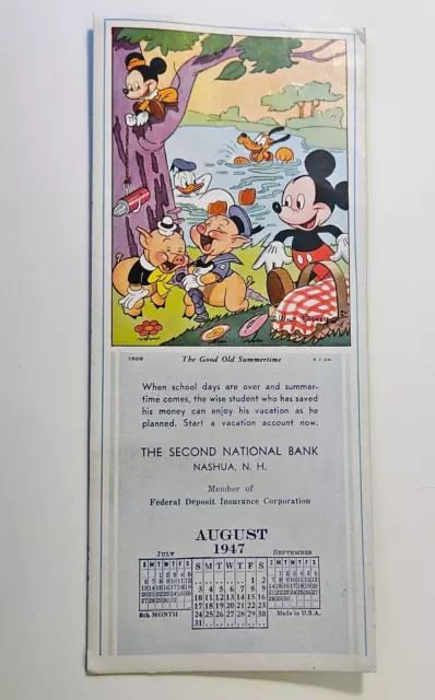 Rare 1947 Ink Blotter 2nd Nat Bank Nashua NH with Mickey Mouse & Disney Friends