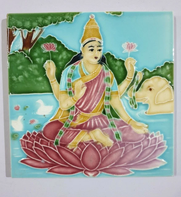 Vintage Majolica Tile GODDESS LAXMI  6in x 6in Japan 5484