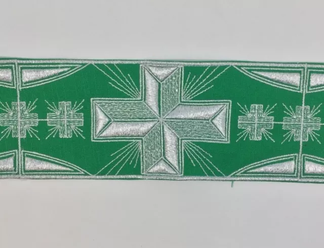 Vintage Vestment Silver Lame Cross on Green 3-1/4" Banding Sold By Yard 2