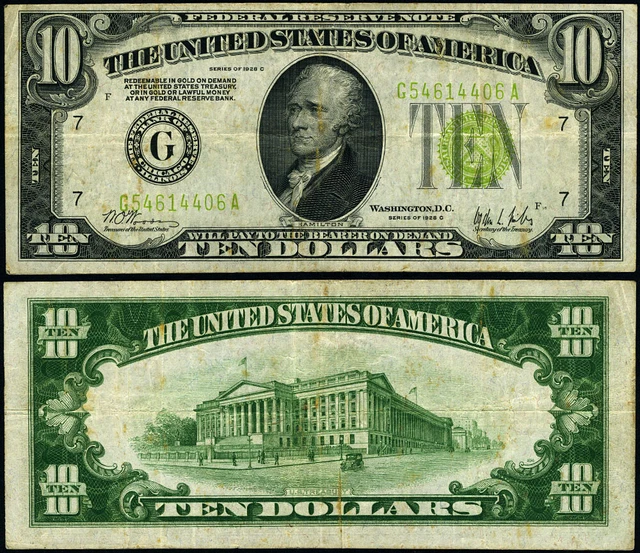 FR. 2003 G $10 1928-C Federal Reserve Note Chicago G-A Block VF - Stain(s)