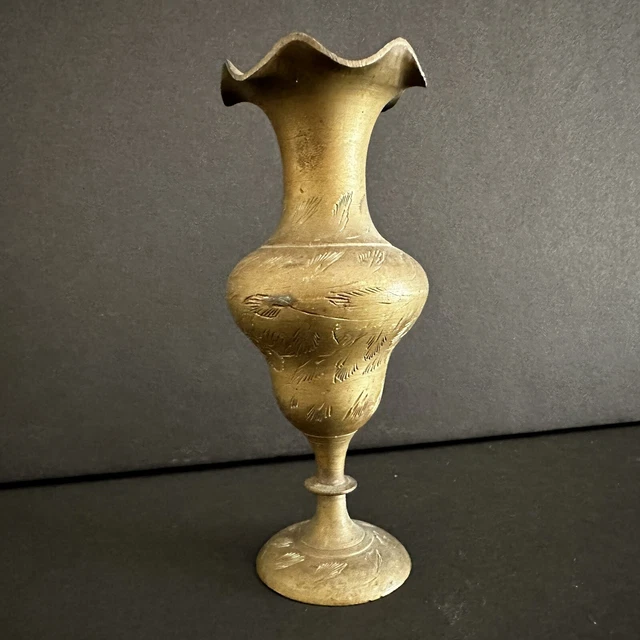 Vintage Engraved  Brass Footed Ruffled Top Edge Bud Vase Made in India 4 3/4”