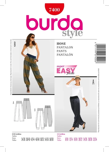 Burda Sewing Pattern 7400 Misses Sz 8-34 Easy Loose-Fitting Harem Style Pants