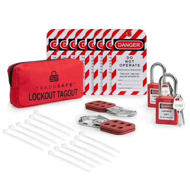 TRADESAFE Lockout Tagout Kit with Hasps, Lockout Tags, Red Loto Locks - Lock Out