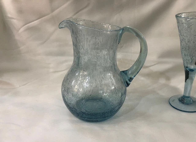 BIOT pichet / broc à eau en verre soufflé bullé bleu 20,5cm Carafe Eau Orangeade
