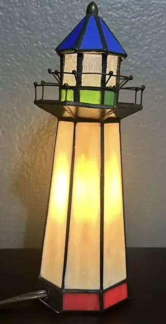 Vintage Lighthouse Made Of Tiffany Style Stained Glass - 10" Night Light Lamp