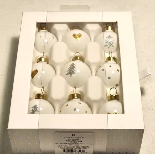 Sugar Paper LA. Ornament SET Target 1½" D Glass Silver Gold Color Heart, Tree, P