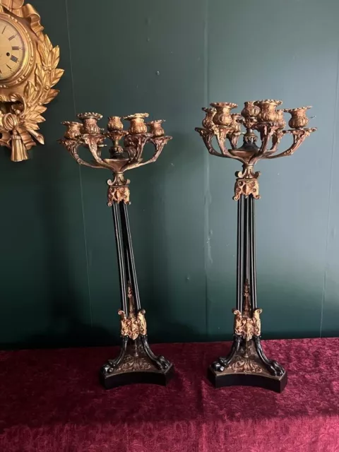 Pair of  Large French Neoclassical Bronze and Metal Seven-Light Candelabra
