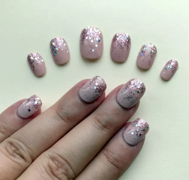 Hand Painted False Nails SHORT ROUND (Or Longer Shapes). Pink Glitter Unicorn