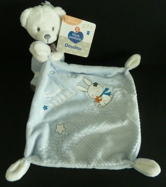 * Doudou Peluche Mots D'enfant Ours Bleu Mouchoir Sweet Dreams Lapin 100 % Neuf
