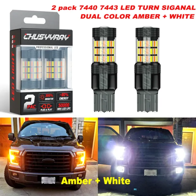 2x White/Amber 7443 7440 7444 LED Turn Signal Switchback DRL Parking Light Bulbs