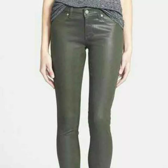 Paige Verdugo Ultra Skinny Coated Denim Jeans Pine Green Silk Women's 24 Ankle