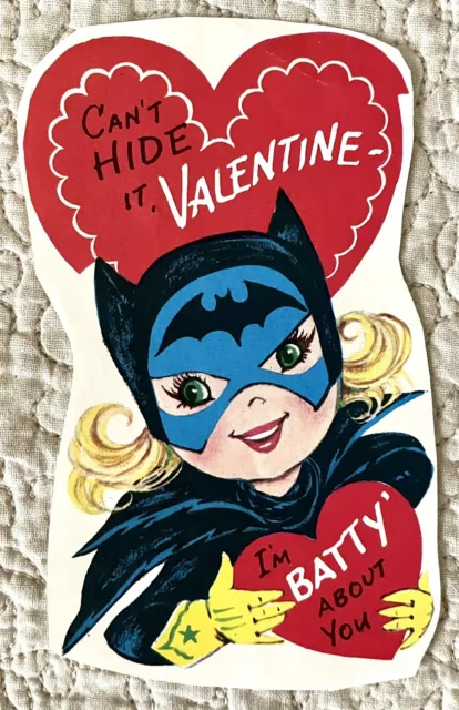 Unused Valentine Girl Batgirl Bat Mask Paper Scrap Retro Greeting Card 1970s