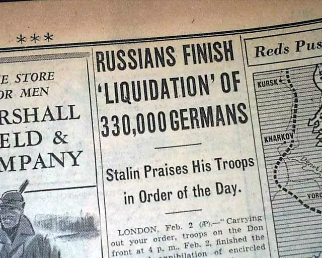 BATTLE OF STALINGRAD ENDS Nazis 1st Major Defeat 1943 World War II Old Newspaper