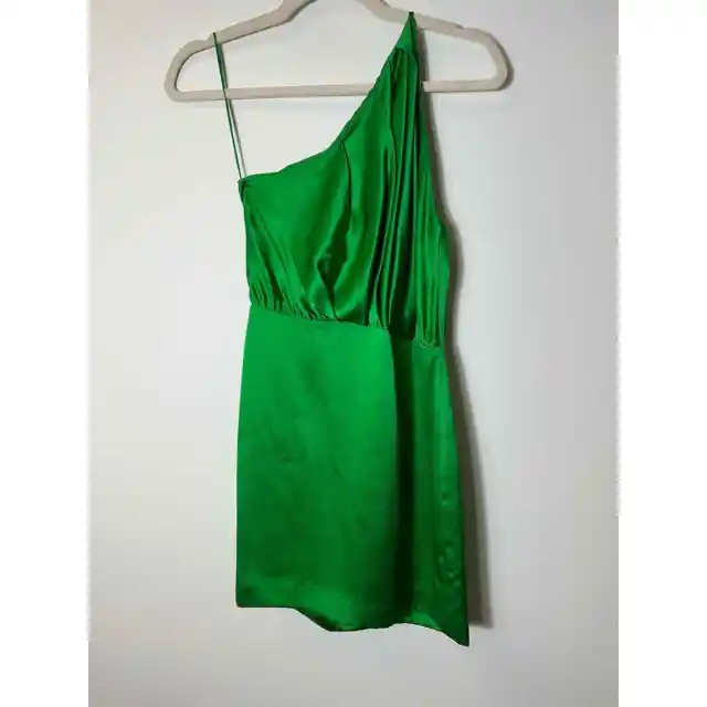 Michelle Mason Green Silk Satin One Shoulder Mini Dress Sz 0