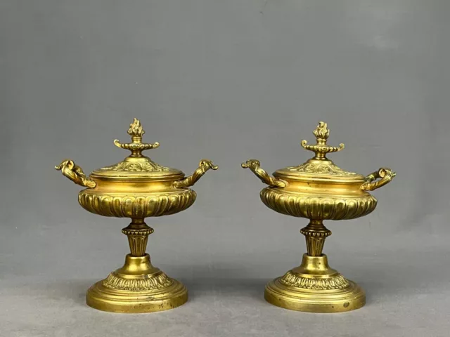 Pair of 19th Century French Empire Style Gilt Bronze 7 ½” Lidded Urns
