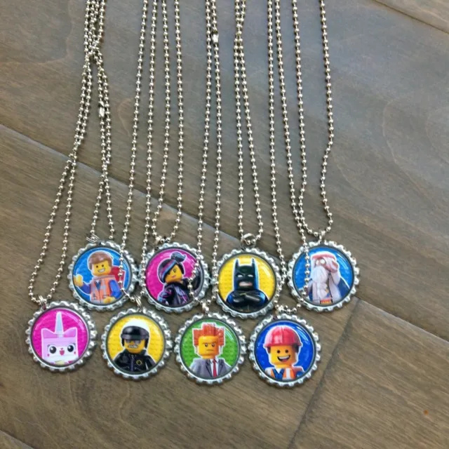 SET OF 8 "LEGO MOVIE" Bottlecaps w/ 8 necklaces.Birthday party favors.Emmet