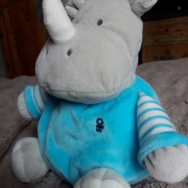 Doudou Boule Hochet Hippopotame Obaïbi Bleu Et Gris Rayures Blanches 4