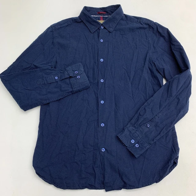 Denim & Flower Slim Fit Button Up Shirt Men's Large Blue White Dot Print Cotton