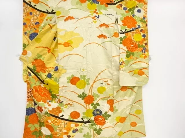84958# Japanese Kimono / Antique Furisode / Embroidery / Peony With Kiku & F
